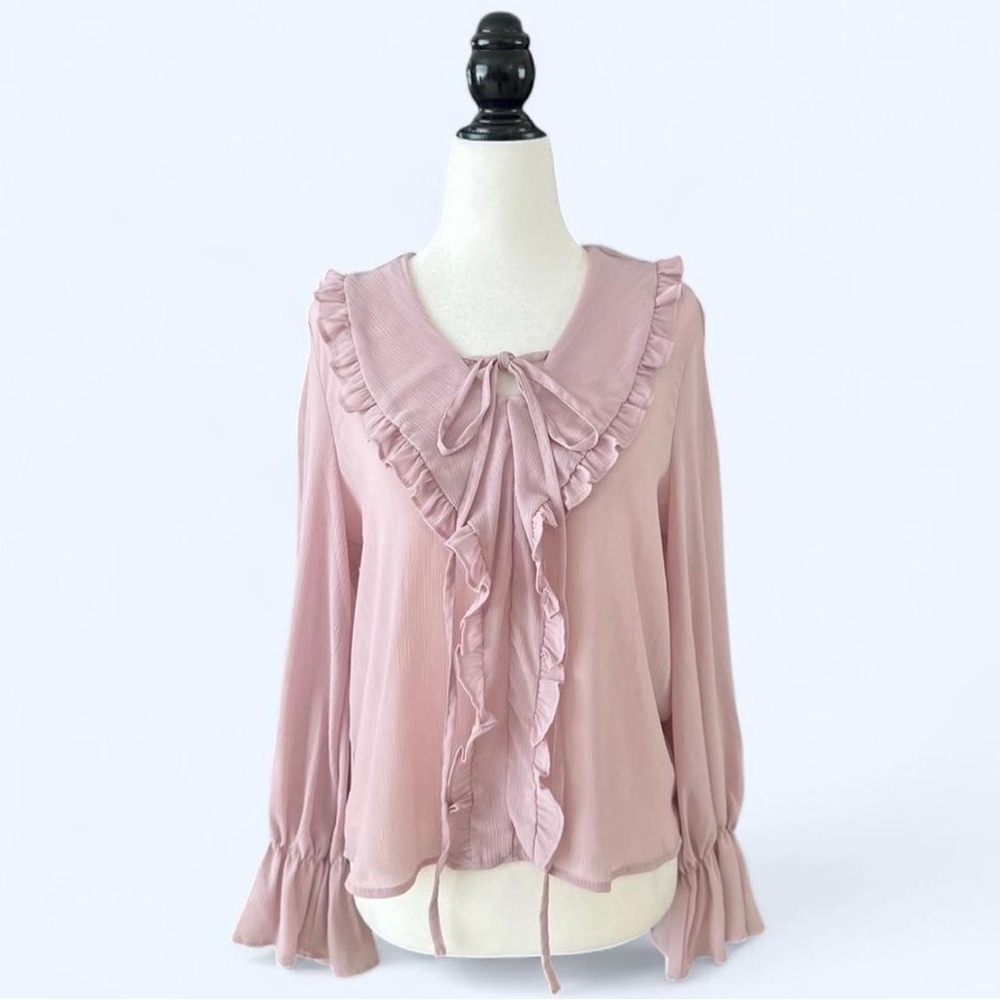 Dazy Pink Ruffle Bow Dainty Coquette Poet Whimsy Twee Sheer Blouse Small